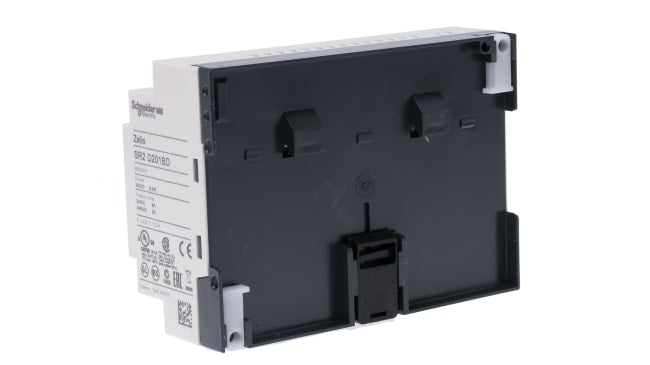 Modulo I/O Schneider Electric SR2D201BD per guida DIN, 12 ingressi e 8 uscite relè, alimentazione 24 V cc, dimensioni 124,6 x 107,6 x 59,5 mm.