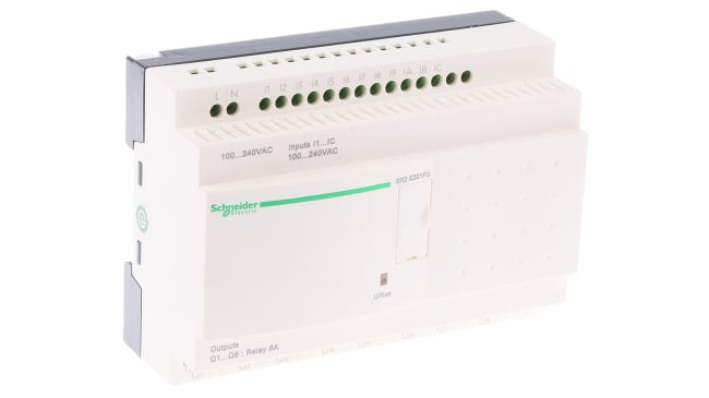 Modulo logico Schneider Electric SR2E201FU per guida DIN, 12 ingressi, 8 uscite relè, dimensioni 124,6 x 107,6 x 59,5 mm.