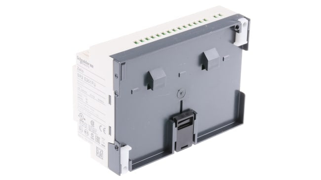 Modulo logico Schneider Electric SR2E201FU per guida DIN, 12 ingressi, 8 uscite relè, dimensioni 124,6 x 107,6 x 59,5 mm.