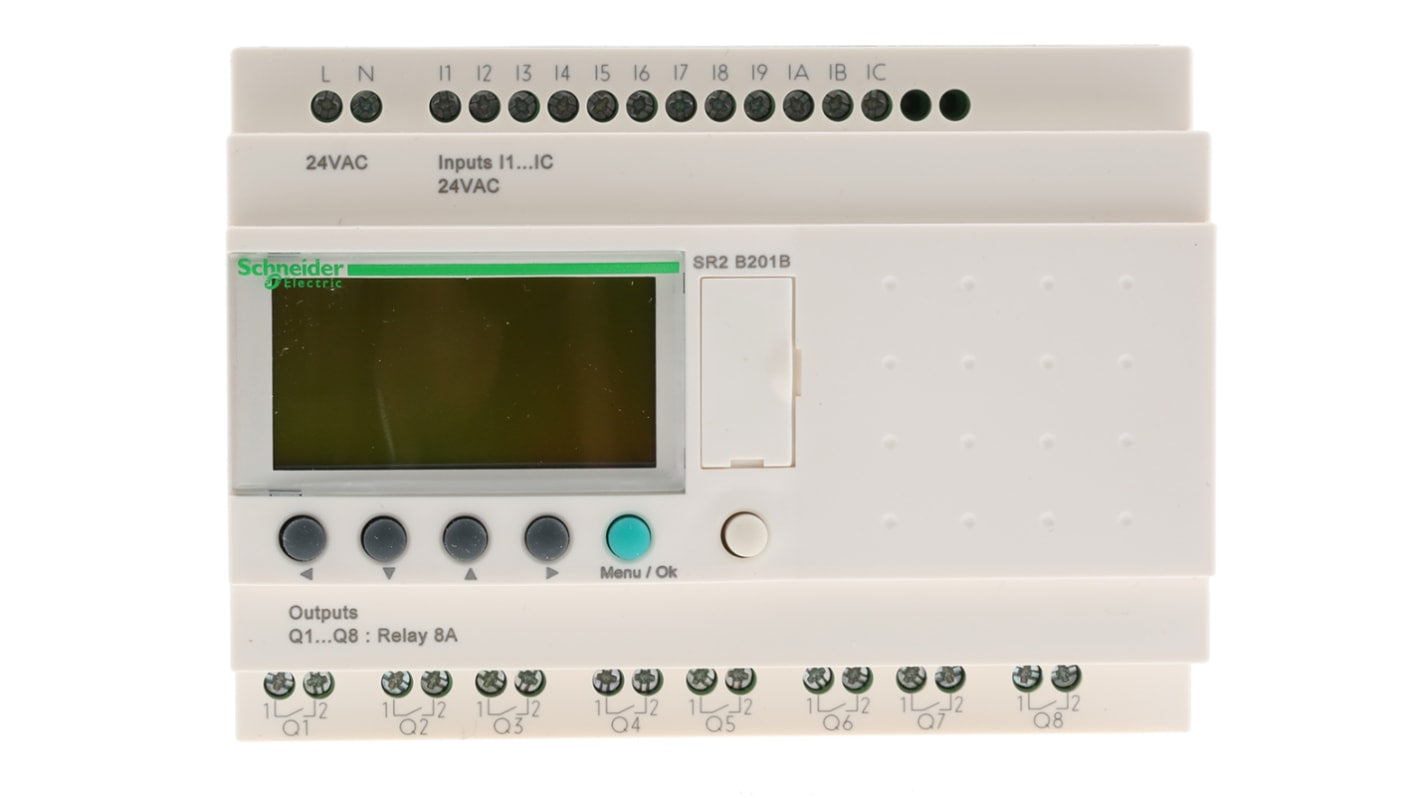 Modulo logico Schneider Electric SR2B201B Zelio Logic con 12 ingressi, 8 uscite e display LCD retroilluminato. Ideale per automazione industriale.
