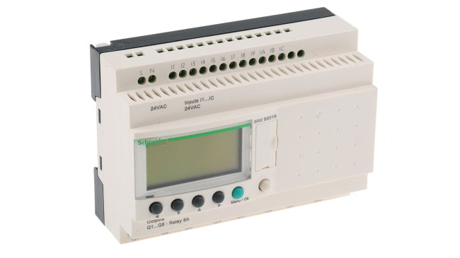 Modulo logico Schneider Electric SR2B201B Zelio Logic con 12 ingressi, 8 uscite e display LCD retroilluminato. Ideale per automazione industriale.