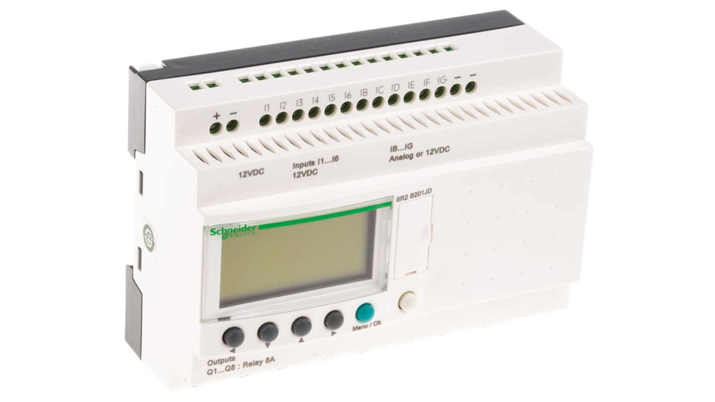 Modulo logico Schneider Electric SR2B201JD per guida DIN, 12 ingressi, 8 uscite relè, dimensioni 124,6 x 107,6 x 59,5 mm.