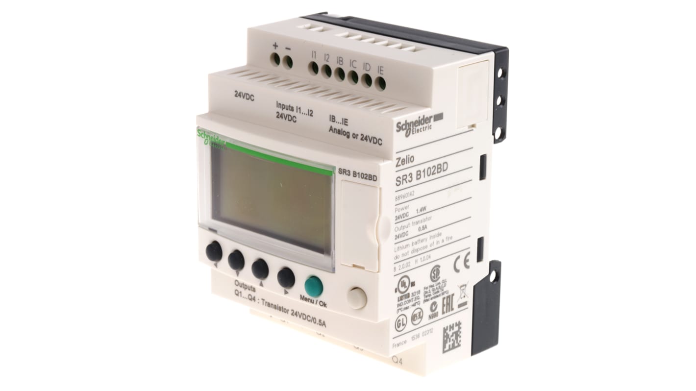 Modulo logico Schneider Electric SR3B102BD Zelio Logic, 6 ingressi analogici, 4 uscite, alimentazione 24 V cc, dimensioni 72 x 90 x 59,5 mm.