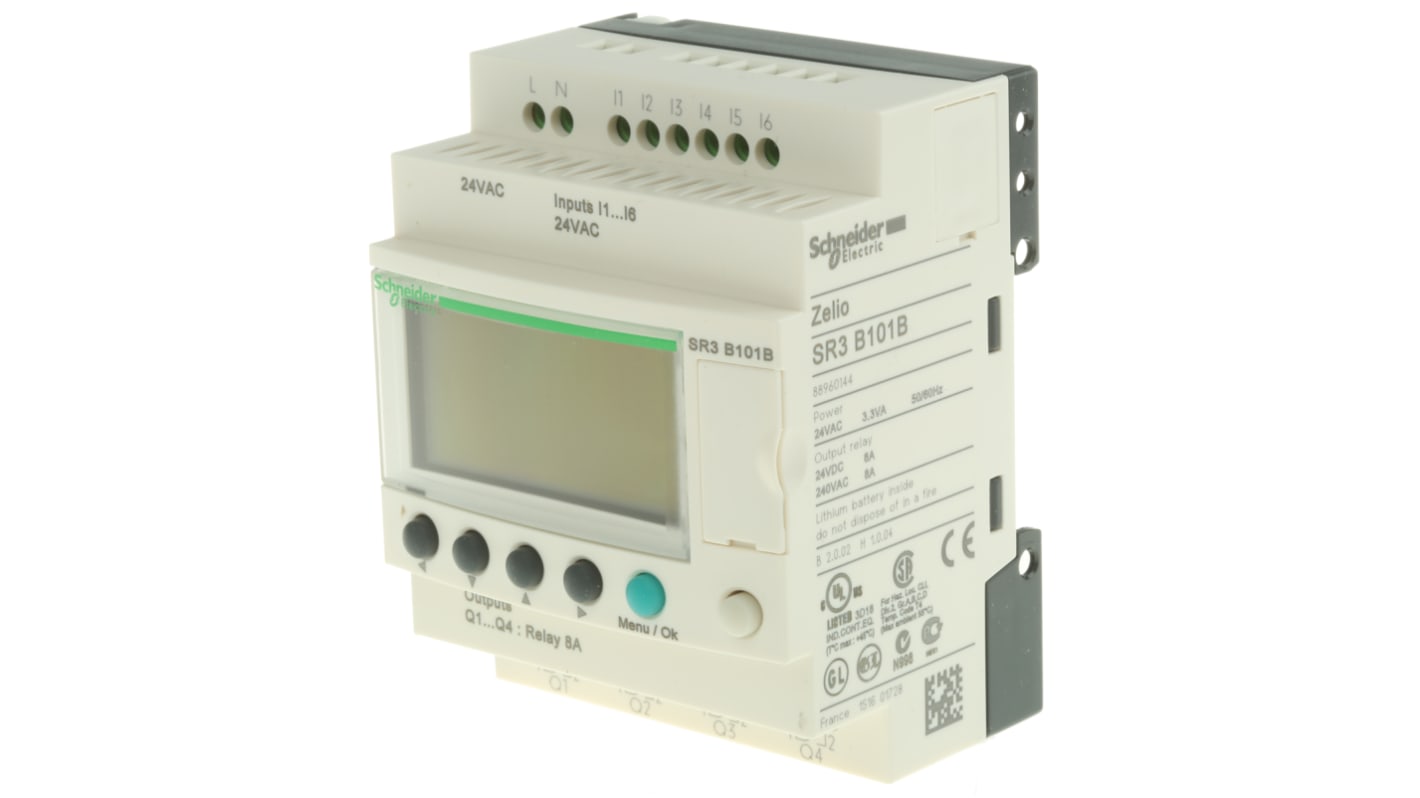 Modulo Logico Schneider Electric Zelio Logic SR3B101B, 6 ingressi, 4 uscite, display LCD retroilluminato. Automazione, controllo luci, HVAC.