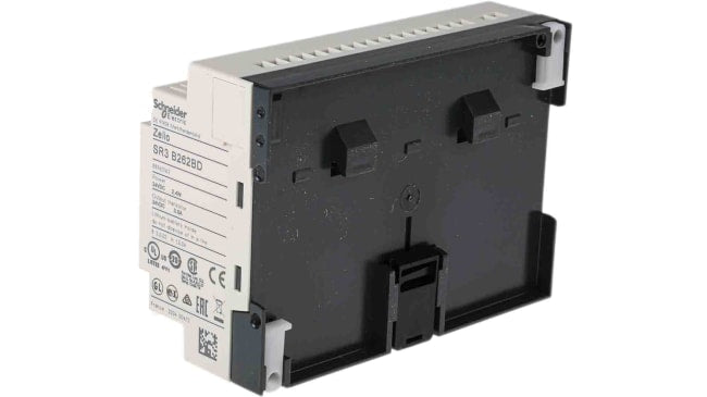 Modulo logico Schneider Electric SR3B262BD per guida DIN, 16 ingressi, 10 uscite, alimentazione 24 V cc, dimensioni 124,6 x 107,6 x 59,5 mm.