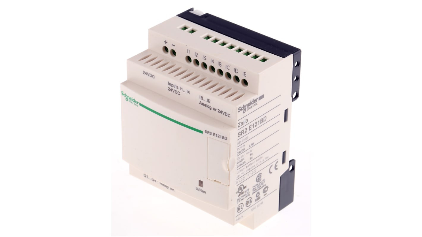 Modulo logico Schneider Electric SR2E121BD, 8 ingressi e 4 uscite relè, montaggio su guida DIN, dimensioni 71,2 x 107,6 x 59,5 mm.