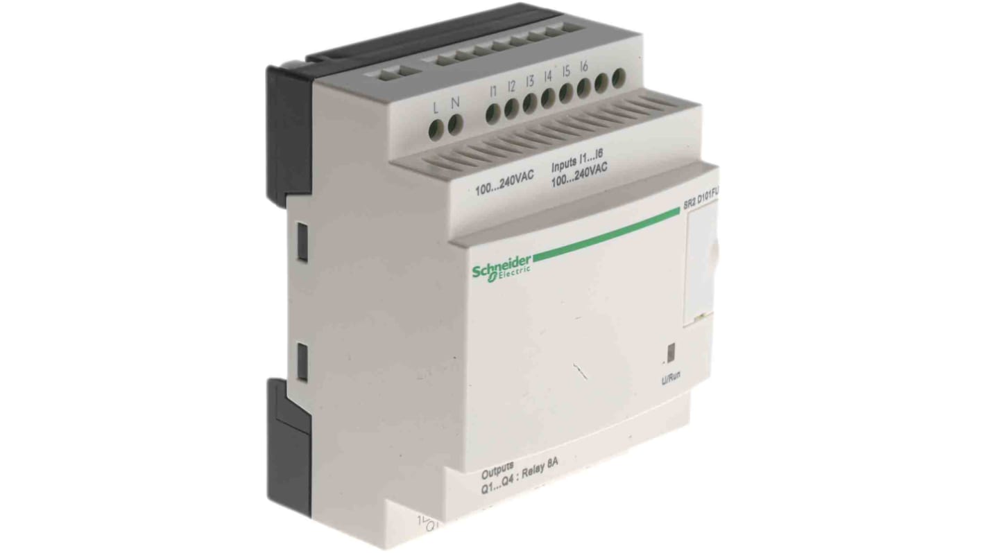 Modulo I/O Zelio Logic Schneider Electric SR2D101FU, 6 ingressi, 4 uscite relè, montaggio su guida DIN, dimensioni 71,2 x 107,6 x 59,5 mm.