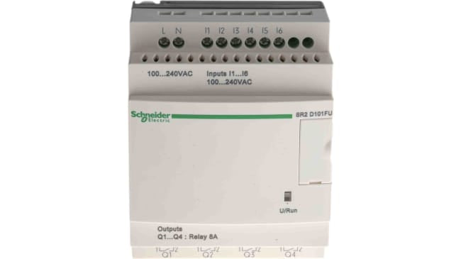 Modulo I/O Zelio Logic Schneider Electric SR2D101FU, 6 ingressi, 4 uscite relè, montaggio su guida DIN, dimensioni 71,2 x 107,6 x 59,5 mm.