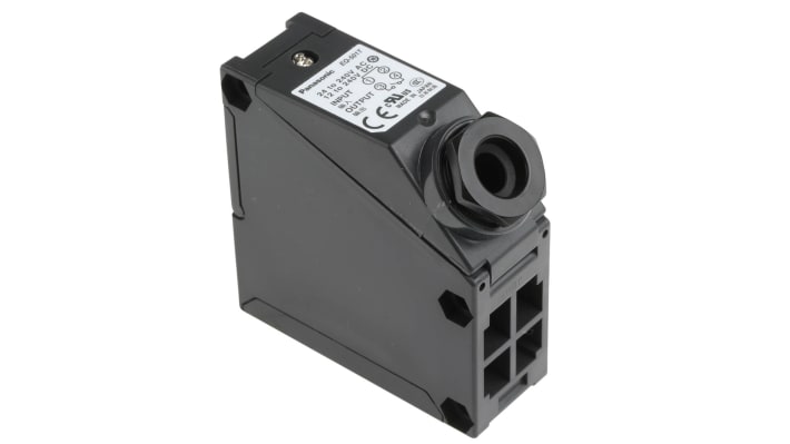 Sensore fotoelettrico Panasonic EQ-501T, rilevamento da 100 mm a 2,5 m, custodia IP67, tensione massima 250V.