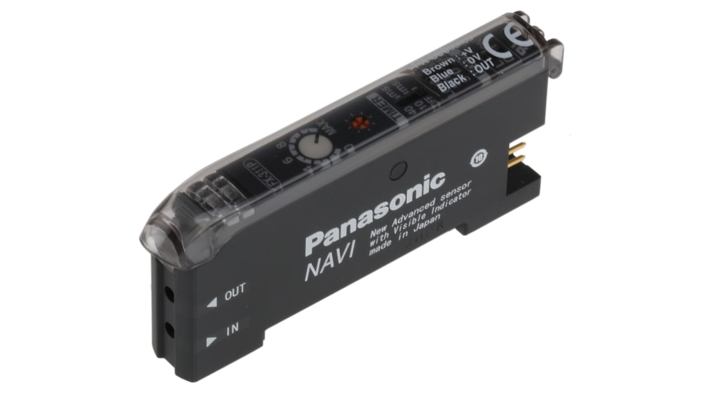 Sensore PNP Panasonic FX-311P per fibre ottiche, alimentazione 12-24 V, dimensioni 30,5 x 10 x 64,5 mm, LED rosso.