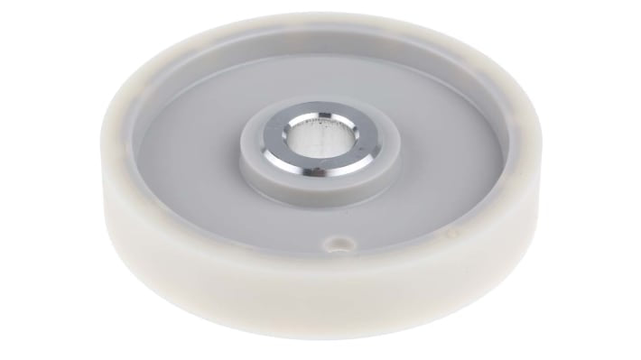 Ruota per encoder Baumer MR241.10D, circonferenza 20 cm, foro 10 mm, compatibile con codificatori standard, include staffa di montaggio.