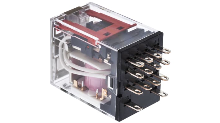 Relè di potenza Omron MY4, 4PDT, bobina 24VAC, corrente massima 5A, dimensioni 28 x 21.5 x 36mm.