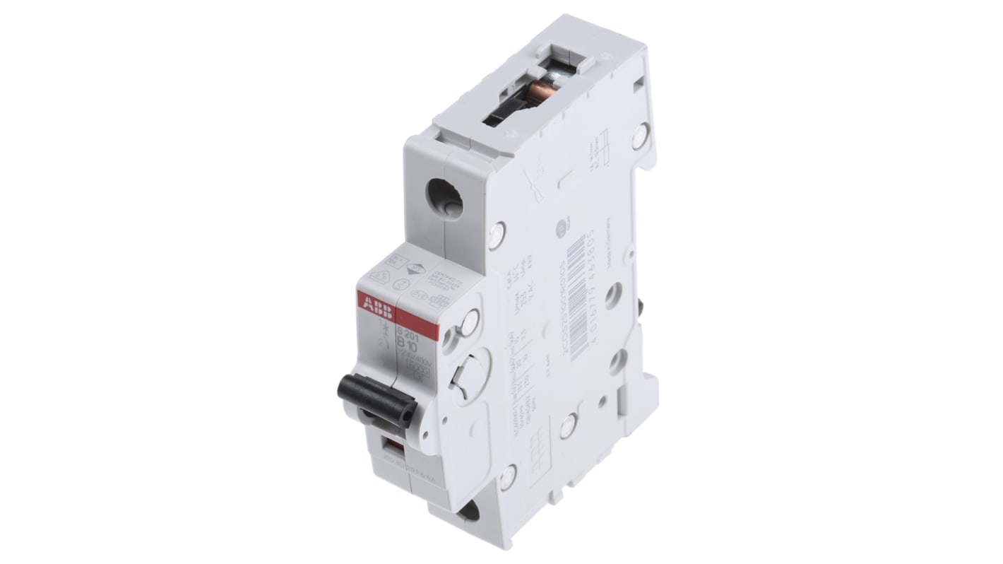 Interruttore magnetotermico ABB S201B10, 1P 10A, Tipo B, montaggio su guida DIN, dimensioni 88mm x 17.5mm x 69mm, grado di protezione IP20.