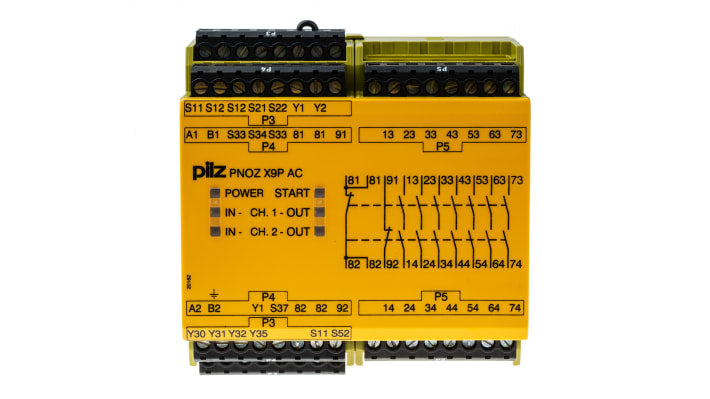 Pilz Relè di sicurezza PNOZ X9P, 24-240V, 7 contatti di sicurezza, dimensioni 90x121x94mm, indicazione LED, categoria 4.