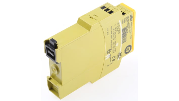 Pilz PZE X4V, modulo relè di sicurezza per guida DIN, 24V cc, 4 contatti, dimensioni 121x22.5x87mm, reset automatico.