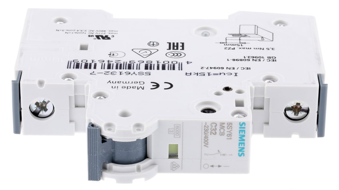 Interruttore automatico Siemens 5SY6132-7, 1P 32A 6 kA, Tipo C - Protezione generale per lampade e motori, montaggio su rotaia DIN e collegamento rapido - Certificato EN 60898.