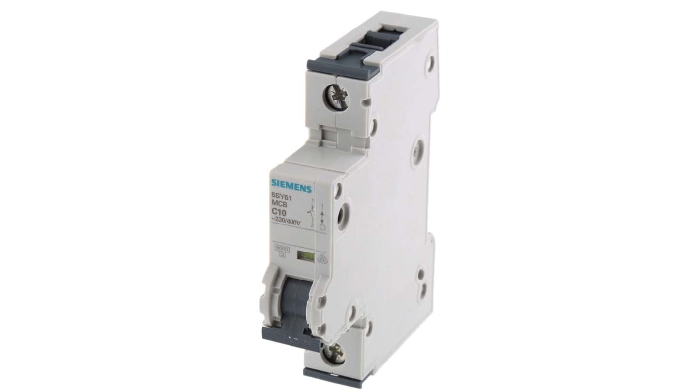 Interruttore magnetotermico Siemens 1P 10A 6 kA, Tipo C - 5SY6110-7. Protezione da sovraccarichi e cortocircuiti per motori e illuminazione. Montaggio su guida DIN.