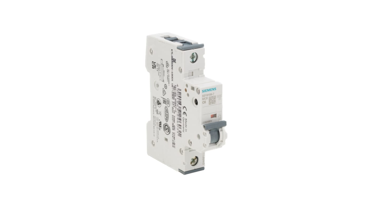 Interruttore automatico miniaturizzato Siemens 5SY6106-7, Tipo C 6A 6kA. Protezione da cortocircuiti e sovraccarichi, installazione su rotaia DIN, design compatto.