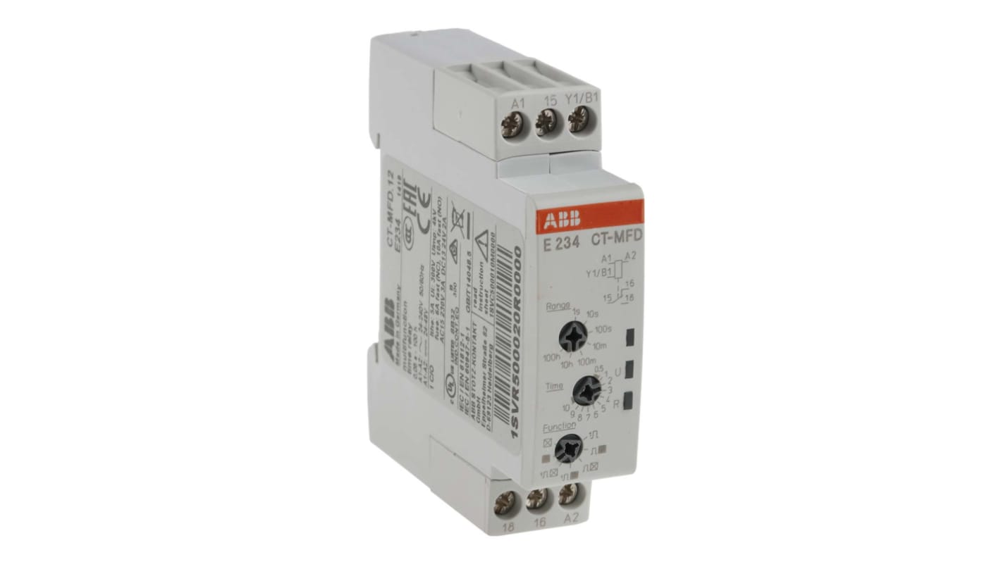 Relè timer multifunzione ABB, SPDT, montaggio su guida DIN, 24-240 V AC, 0,05 s a 100 h, dimensioni 70 x 58 x 17,5 mm.