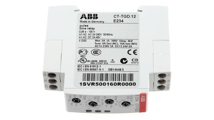 Relè temporizzato ABB CT-TGD.12 SPDT, montaggio su guida DIN, intervallo 0,05 s a 100 h, alimentazione 24-240 V AC.