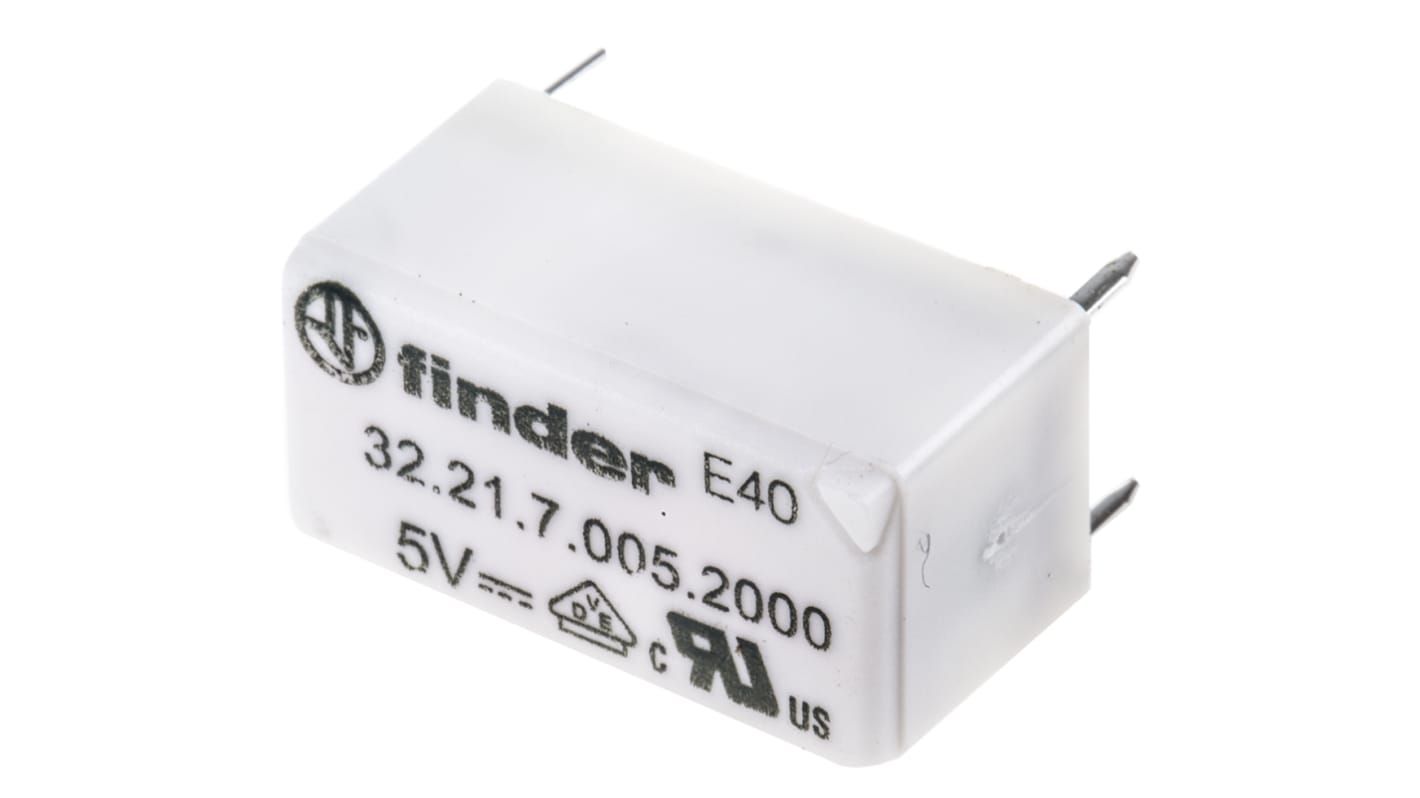 Relè di potenza Finder 32, SPDT, bobina 5V cc, montaggio su PCB, dimensioni 10,7 x 10,2 x 20,3 mm, corrente 6 A.