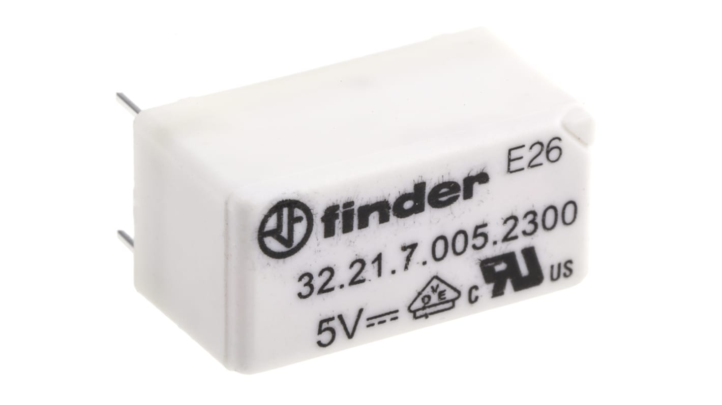 Relè di potenza Finder 32, SPST, 5V cc, montaggio su PCB, 250 V ca, 6 A, dimensioni 10,7 x 10,2 x 20,3 mm.