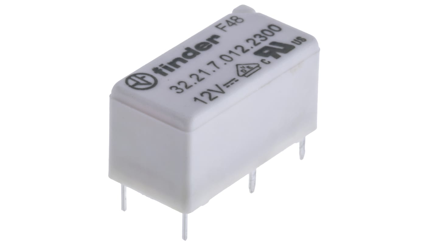 Relè di potenza Finder 32, SPST, 12V cc, montaggio su PCB, dimensioni 10,7 x 10,2 x 20,3 mm, corrente 6 A.