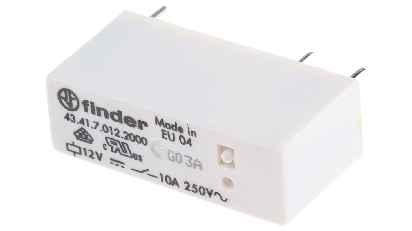 Relè di potenza Finder SPDT 12V cc, montaggio su PCB, dimensioni 15,4 x 10,2 x 30,2 mm, corrente 10 A, isolamento 6000 V.