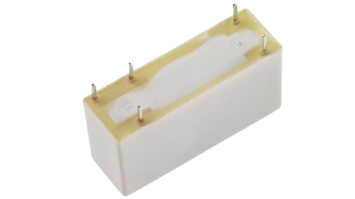 Relè di potenza Finder 43, SPDT, bobina 24V cc, montaggio su PCB, dimensioni 15,4 x 10,2 x 30,2 mm, corrente 10 A.