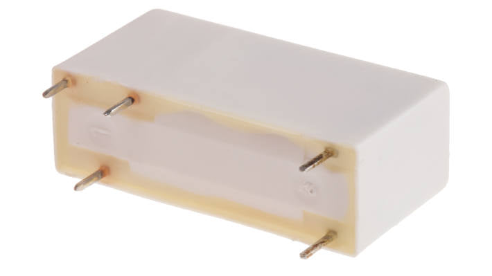 Relè di potenza Finder 43.41.7.048.2000, SPDT, 48V cc, montaggio su PCB, dimensioni 15,4 x 10,2 x 30,2 mm.