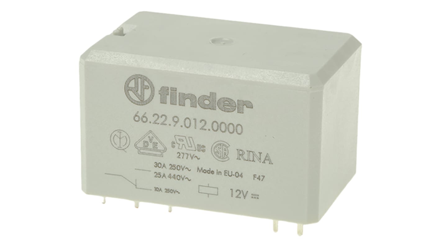 Relè di potenza Finder 66.22.9.012.0000 DPDT, bobina 12V cc, montaggio su PCB, corrente 30A, dimensioni 51,5x31x33,5mm.