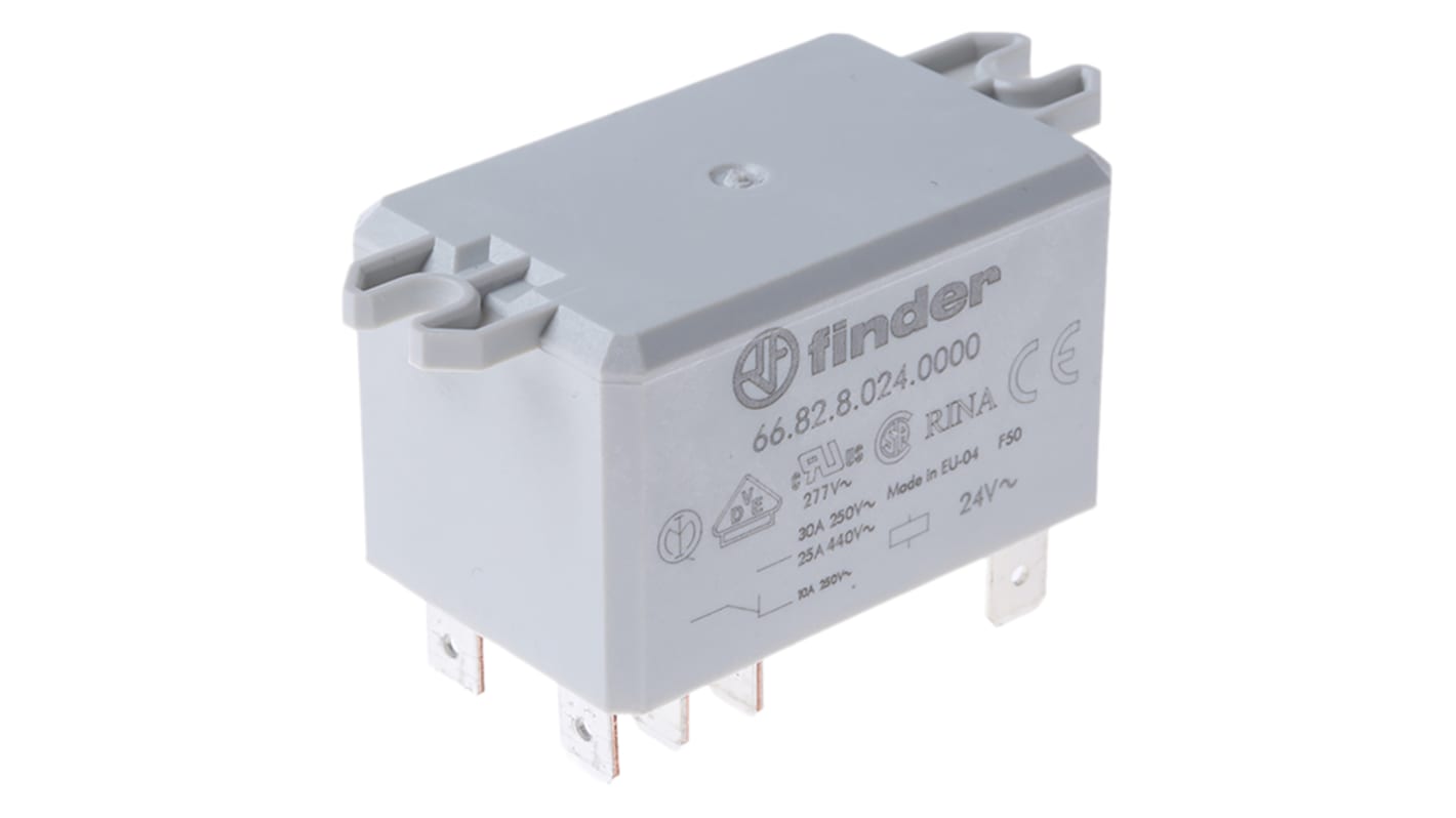 Finder 66.82.8.024.0000, relè DPDT 24V ca, montaggio su flangia, corrente 30A, dimensioni 68.5mm x 33.5mm x 31mm.