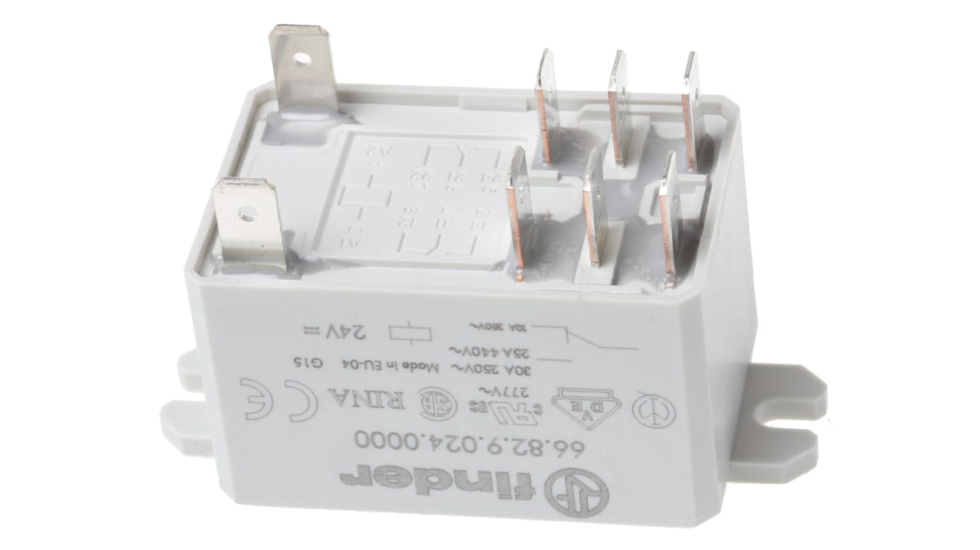 Relè di potenza Finder 66.82.9.024.0000 DPDT, bobina 24V cc, montaggio su flangia, dimensioni 68,5mm x 31mm x 33,5mm.