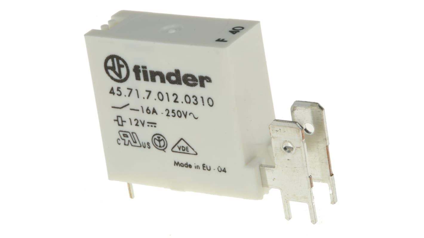 Finder 45.71.7.012.0310, relè di potenza SPST 12V cc per montaggio su PCB, corrente 16A, dimensioni 40.7mm x 12.5mm x 28.5mm.