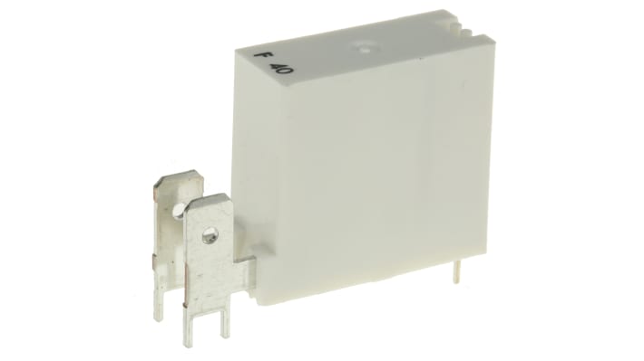 Finder 45.71.7.012.0310, relè di potenza SPST 12V cc per montaggio su PCB, corrente 16A, dimensioni 40.7mm x 12.5mm x 28.5mm.