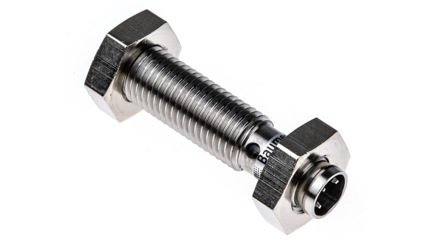 Baumer IFRM 08P17A3/S35L, sensore induttivo cilindrico M8 PNP, rilevamento 2 mm, IP67, montaggio a filo, connettore M8 a 3 pin.