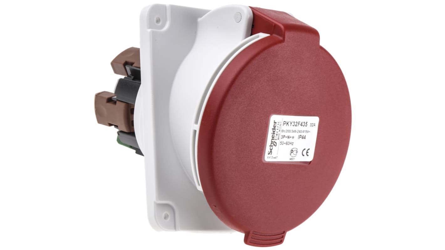 Connettore di Alimentazione Femmina Schneider Electric PKY32F435 3P + N + E 32A inclinato per applicazioni industriali. Facile montaggio a pannello.