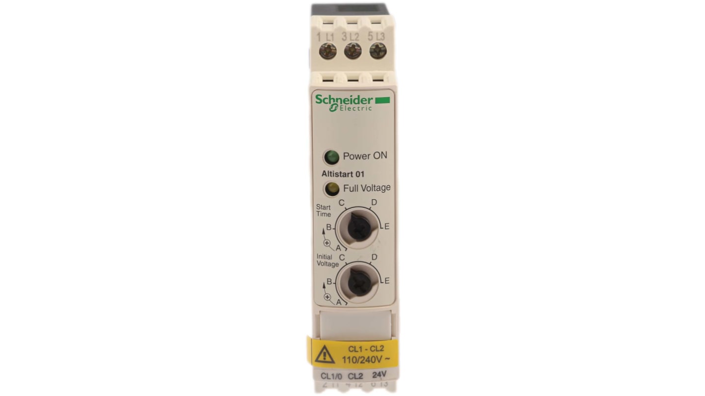 Avviatore soft-start Schneider Electric ATS01N103FT per motori asincroni, 3 fasi, 1,1 kW, 480 V, IP20, dimensioni 100,4x22,5x100 mm.