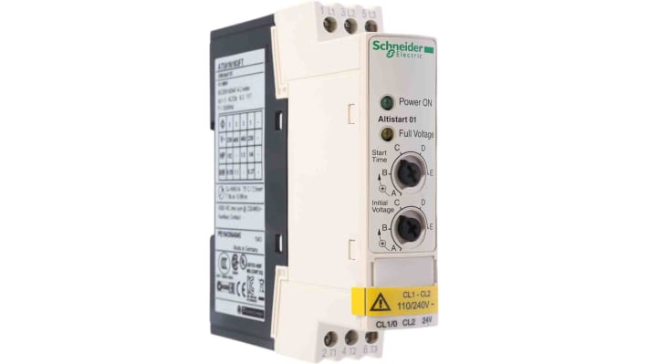 Avviatore soft-start Schneider Electric ATS01N103FT per motori asincroni, 3 fasi, 1,1 kW, 480 V, IP20, dimensioni 100,4x22,5x100 mm.