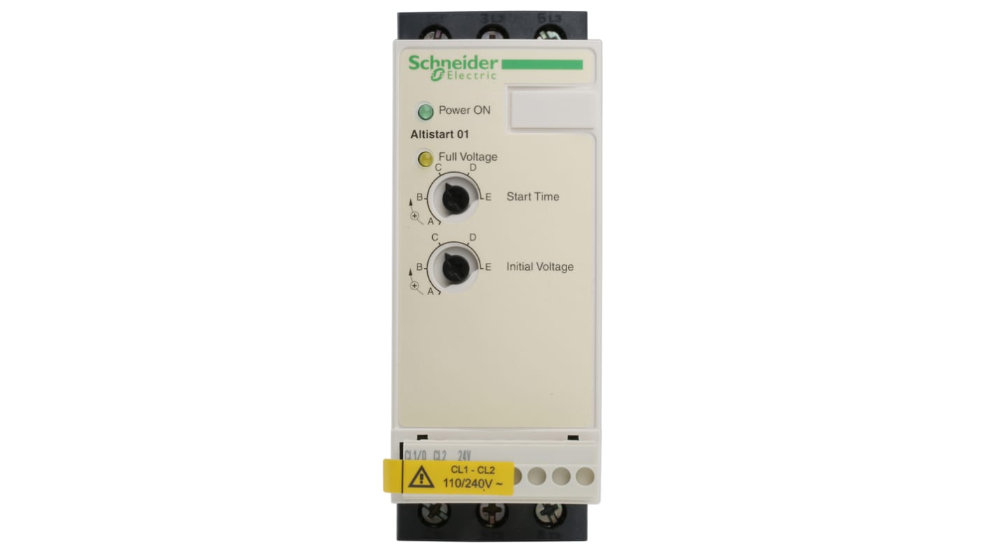 Avviatore soft-start Schneider Electric ATS01N109FT per motori asincroni, potenza 4 kW, 3 fasi, dimensioni compatte 130.7x45x145 mm.