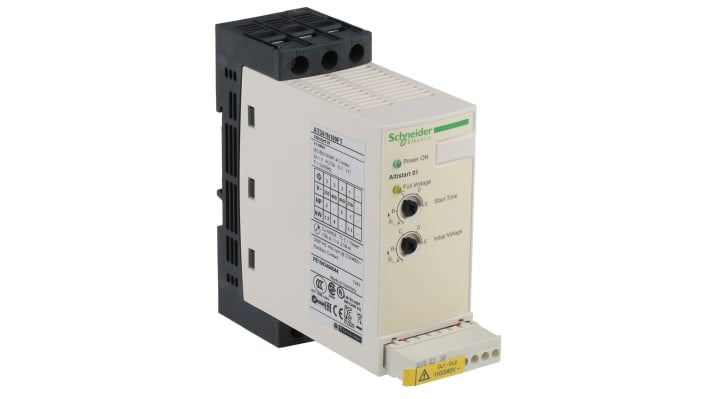 Avviatore soft-start Schneider Electric ATS01N109FT per motori asincroni, potenza 4 kW, 3 fasi, dimensioni compatte 130.7x45x145 mm.