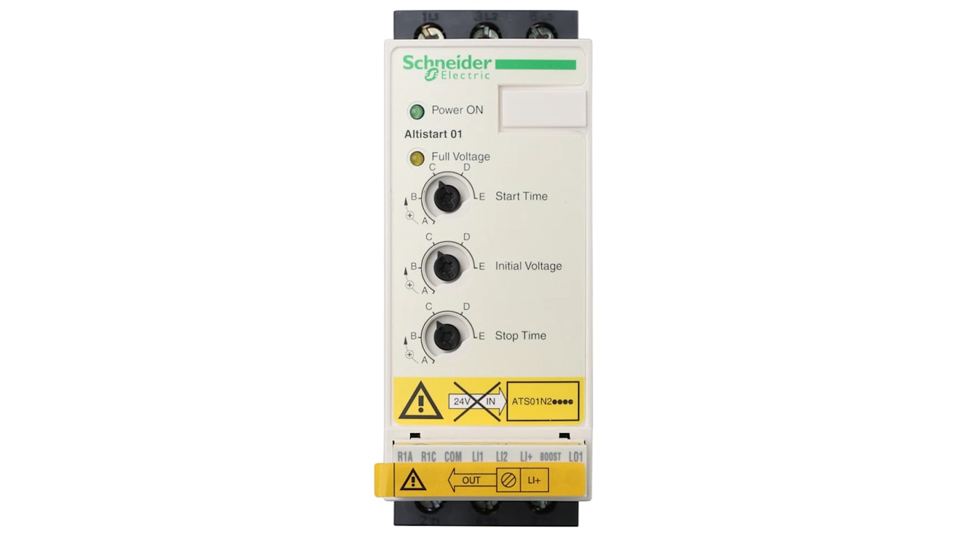 Avviatore soft-start Schneider Electric ATS01N209QN, 3 fasi, 4 kW, 415 V, IP20, dimensioni 130,7 x 45 x 145 mm.