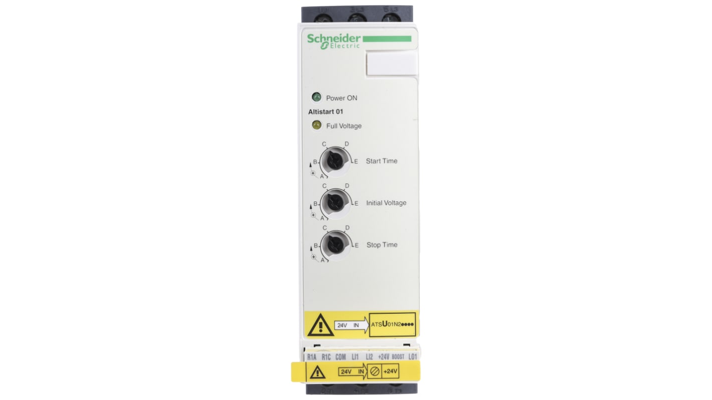 Avviatore soft-start Schneider Electric ATSU01N222LT per motori trifase, potenza 11 kW, montaggio su guida DIN, dimensioni 113x45x170 mm.