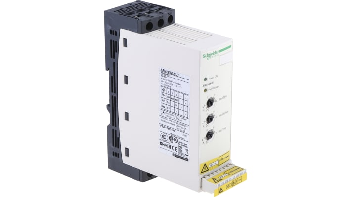 Avviatore soft-start Schneider Electric ATSU01N222LT per motori trifase, potenza 11 kW, montaggio su guida DIN, dimensioni 113x45x170 mm.
