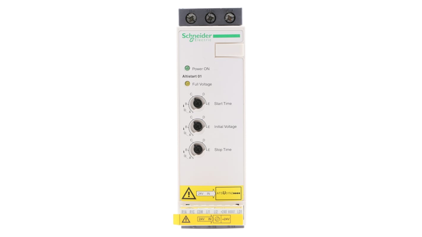 Avviatore soft-start trifase Schneider Electric ATSU01N232LT, potenza 15 kW, corrente 32 A, dimensioni 113x45x154 mm, grado di protezione IP20.