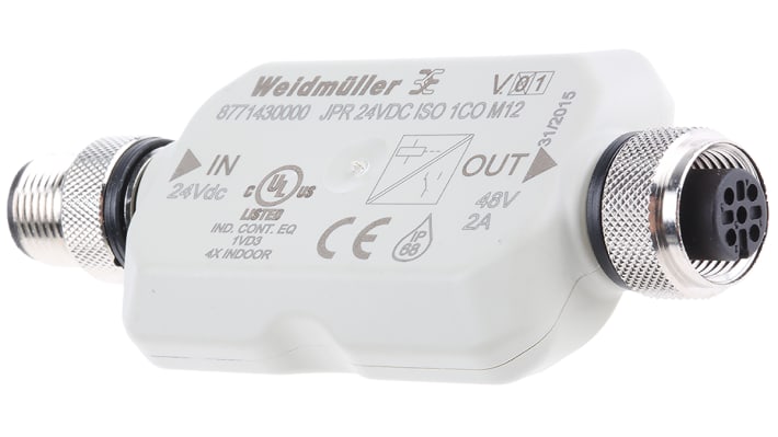 Condizionatore di segnale Weidmüller 8771430000, modulo relè JACKPAC, 24 V CC, IP67, dimensioni 83 x 36 x 14,4 mm.