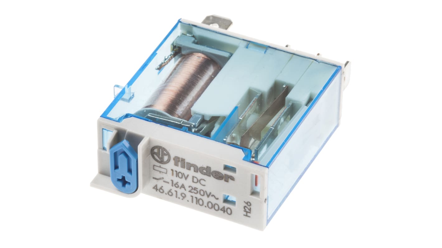 Finder 46.61.9.110.0040, relè di potenza SPDT 110V cc, corrente 25A, dimensioni 32,8 x 29 x 12,4 mm, attacco rapido.