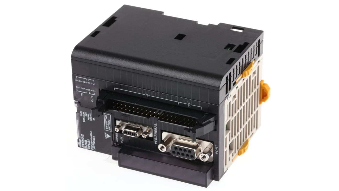 Omron CJ1M-CPU21, CPU PLC con interfaccia DeviceNet, montaggio su guida DIN, dimensioni 90 x 48,75 x 83,6 mm.