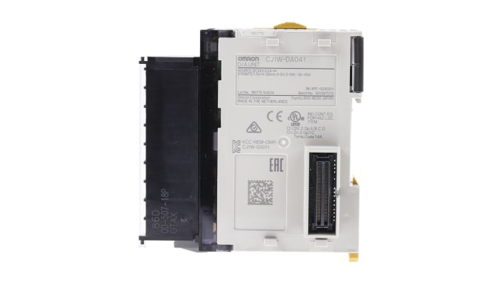 Modulo I/O Omron CJ1W-DA041 per PLC, 4 uscite analogiche, montaggio su guida DIN, dimensioni 90 x 31 x 65 mm.