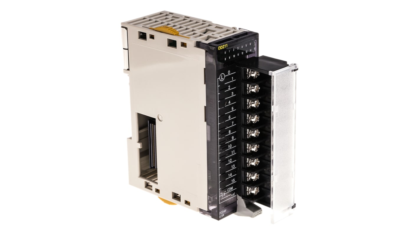 Modulo I/O Omron CJ1WOD211 per serie SYSMAC CJ, 16 uscite PNP, dimensioni 89 x 31 x 95,4 mm, morsettiere rimovibili.